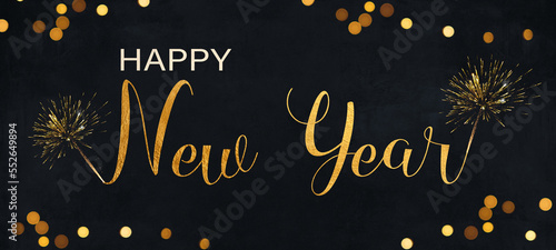 Happy New Year 2024 New Year's Eve Sylvester celebration holiday greeting card with text - Festive gold fireworks and bokeh lights Collage on dark black night sky
