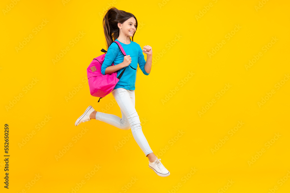 School teen with backpack. Teenager student, isolated background. Learning and knowledge. Go study. Education concept. Excited teenager, glad amazed and overjoyed emotions.