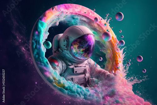 Fototapeta Beautiful painting of an astronaut in in a colorful bubbles galaxy on a different planet. Generative AI. Pop art concept