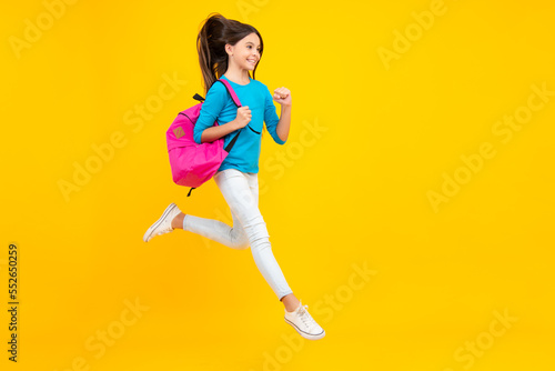 School teen with backpack. Teenager student, isolated background. Learning and knowledge. Go study. Education concept. Excited teenager, glad amazed and overjoyed emotions.