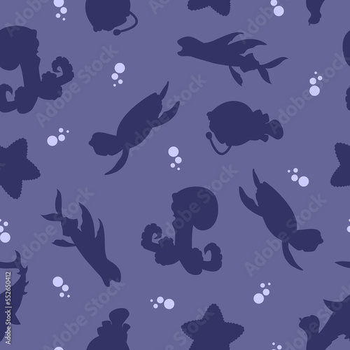 Pattern of marine animals and fish in silhouette style for print and design.Vector illustration.