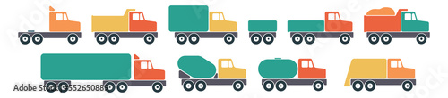 Set Cartoon Dump Truck Color Icon. Concrete Mixer. Tipper truck. Vector Garbage Truck. Moving Truck. Delivery truck. Commercial vehicle.