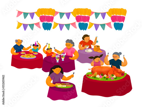 Filipino fiesta community meal with banderitas and kiping centerpiece