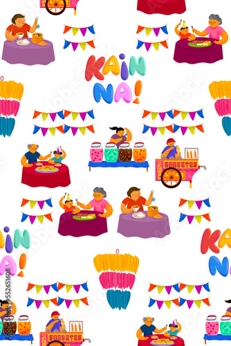 Filipino fiesta scene pattern on people eating outdoors with samalamig beverage vendor and sorbetes cart  with banderitas and kiping centerpiece  and lettering of  Kain na    Let s Eat  