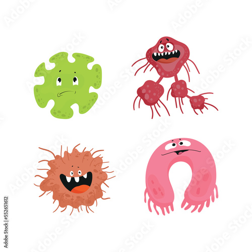 Collection of colorful bacteria and viruses with different emotions. Funny cartoon microbes.