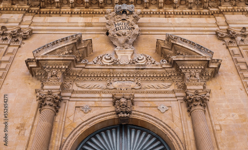 Modica, Sicily. Facade of Church of Saint Domenico. Upper sector detail of the main entrance.