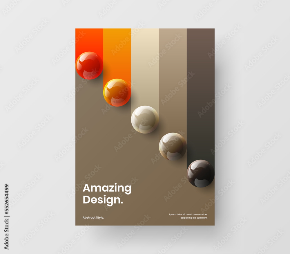 Original corporate brochure A4 design vector template. Minimalistic realistic balls magazine cover illustration.