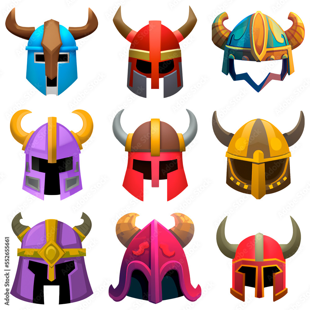 Fototapeta premium Set of helmets, fantasy medieval armor, game art, game asset