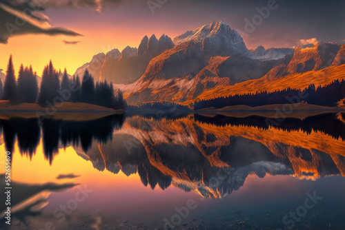 Generative AI   sunrise over a peaceful lake surrounded by misty forests and mountains  