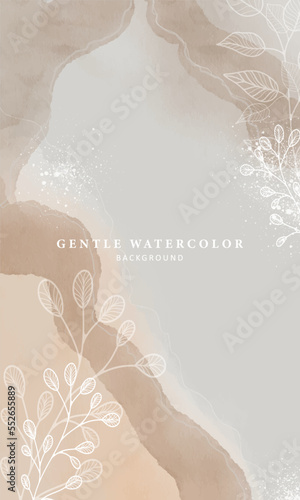 Gentle vector watercolor illustration with branches and leaves on a beige background