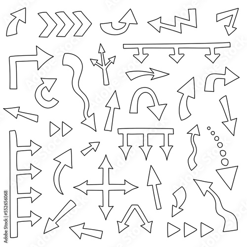 Big set of 32 hand drawn arrows different shape. Big and small doodle arrow marks, cursors for infographic, planning, mind maps. Pointer sketch on white background
