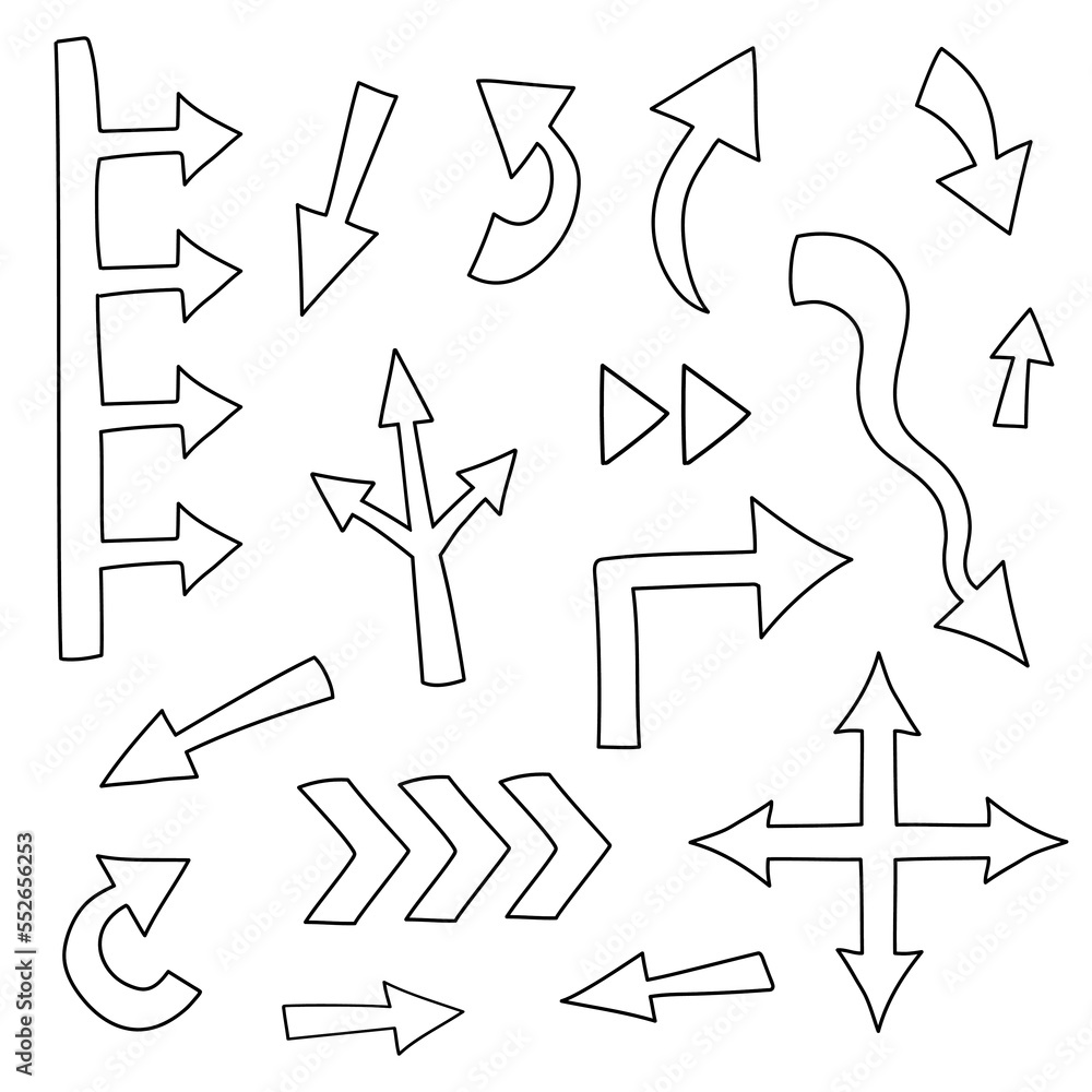 Collection of hand drawn arrows different shape. Big and small doodle arrow marks, cursors for infographic, planning, mind maps. Pointer sketch on white background Collection of hand drawn arrows different shape. Big and small doodle arrow marks, cursors for infographic, planning, mind maps. Pointer sketch on white background