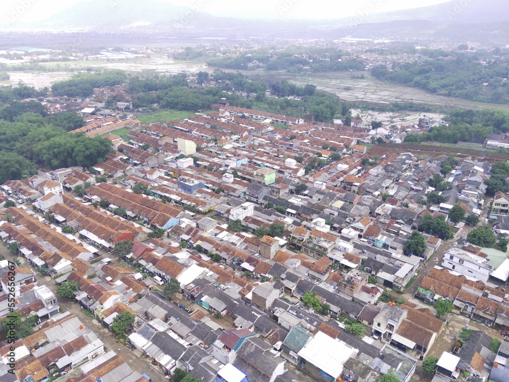 Abstract Defocused Blurred Background aerial view of a very wide residential area in Cikancung - Indonesia. Not Focus