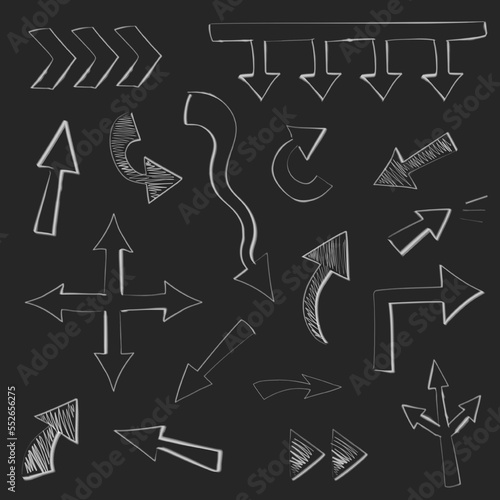 Collection of chalk hand drawn arrows different shape. Big and small doodle arrow marks, cursors for infographic, planning,  mind maps. Pointer sketch on black board