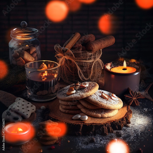 fresh and fragrant christmas gingerbread cookies with burning candles and christmas lights for christmas, generative AI