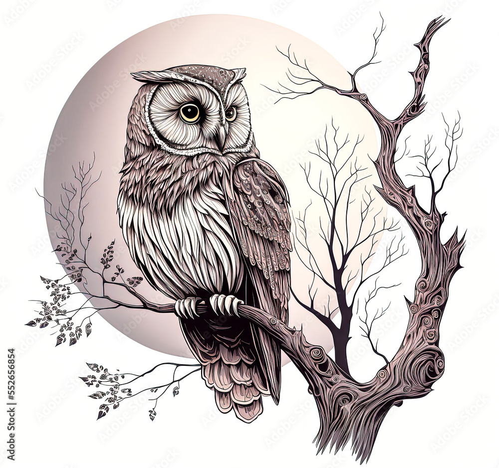 An owl sitting on a tree branch with a full moon in the background, A ...