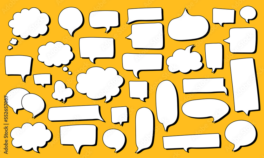 Big set of hand drawn speech bubbles different shape - round, rectangle, fluffy, etc. Big and small doodle chat clouds. Dialogue, discussion, message, thoughts comic sketch Big set of hand drawn speech bubbles different shape - round, rectangle, fluffy, etc. Big and small doodle chat clouds. Dialogue, discussion, message, thoughts comic sketch