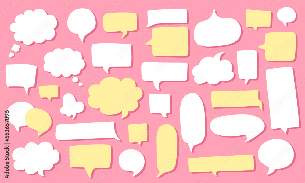 Big set of cute hand drawn flat speech bubbles different shape - round, rectangle, fluffy, etc. Big and small white and yellow chat clouds. Kawaii stickers with bubbles on pink background Big set of cute hand drawn flat speech bubbles different shape - round, rectangle, fluffy, etc. Big and small white and yellow chat clouds. Kawaii stickers with bubbles on pink background