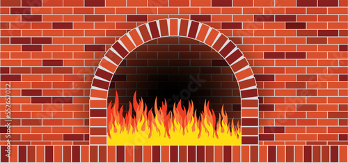 Stone brick pizzeria pizza oven. Firewood hot fired oven. Fire bakery, baker bread food.  Vector pizza cooker maker. Wood, wooden or stone kitchen for baked dough. Firebrick, fireplace BBQ or grill.