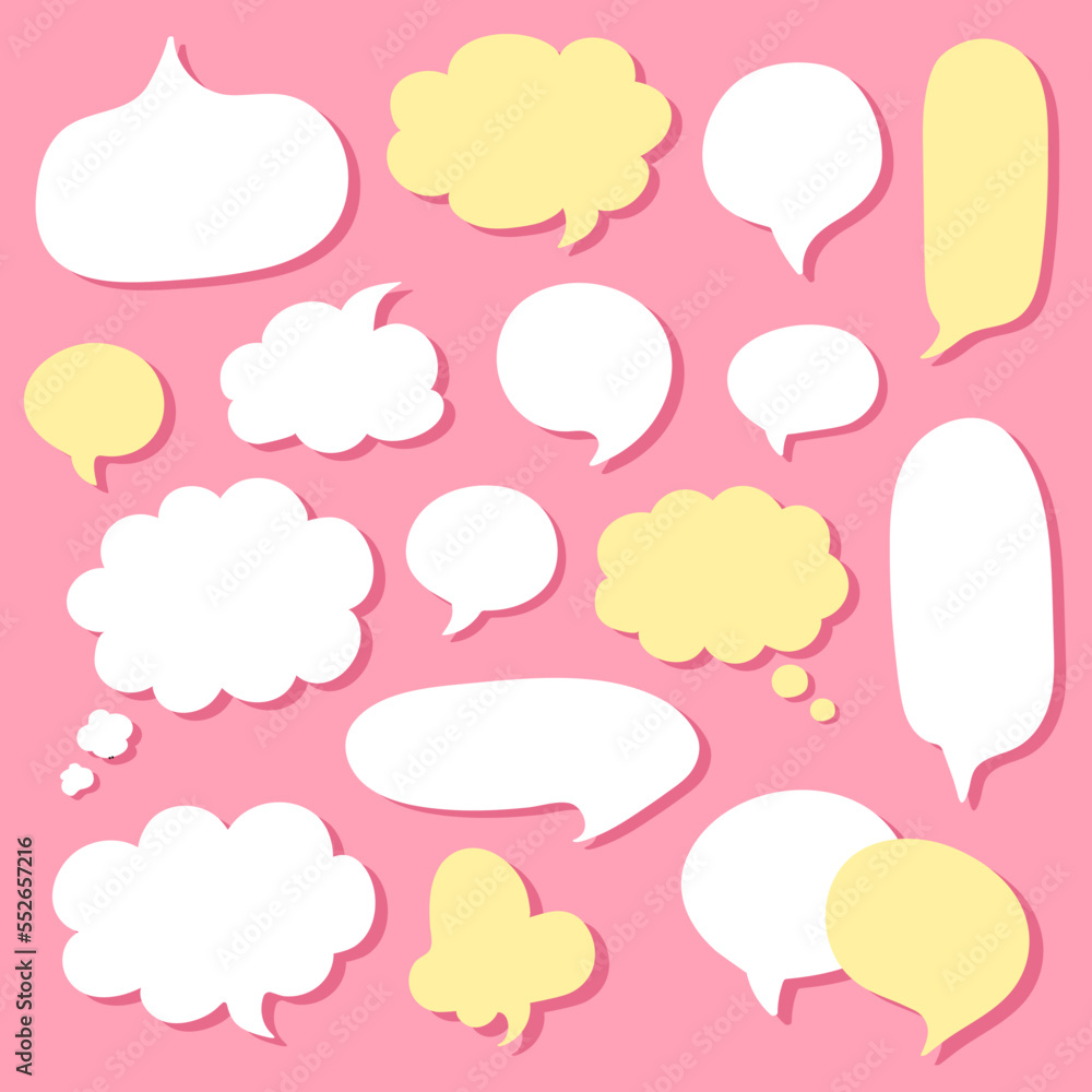 Big set of cute hand drawn flat speech bubbles different shape - round, oval, fluffy, etc. Big and small white and yellow chat clouds. Kawaii stickers with bubbles on pink background Big set of cute hand drawn flat speech bubbles different shape - round, oval, fluffy, etc. Big and small white and yellow chat clouds. Kawaii stickers with bubbles on pink background