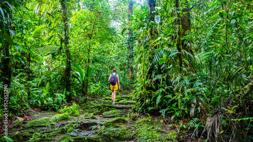 girl photographer walks through dense Costa Rican tropical rainforest; hiking through the jungle in Costa Rica's braulio carrillo national park near san jose photo