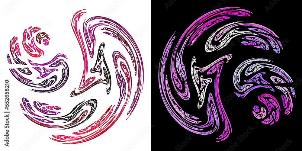Wavy flowing magenta, red, black and white swirls create patterns on white and black backgrounds.  Set of graphic design elements. 3D rendering. 3D illustration.