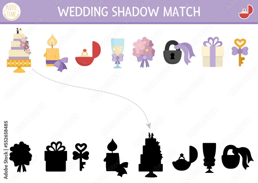 Wedding shadow matching activity with cute bride and groom symbols. Marriage ceremony puzzle with cake, candle, ring, bouquet. Find correct silhouette printable worksheet or game for kids.