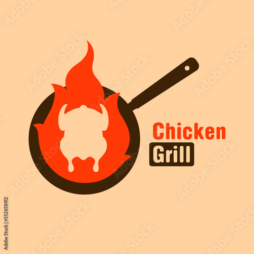 Fried chicken on a grill pan. Barbecue concept, grilled food or icon for restaurant. Logo and label template. Vector, illustration