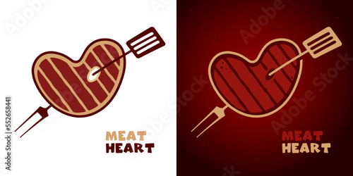 Juicy heart shaped steak shot with a meat fork. Logo or label template. Element for design. Vector, illustration