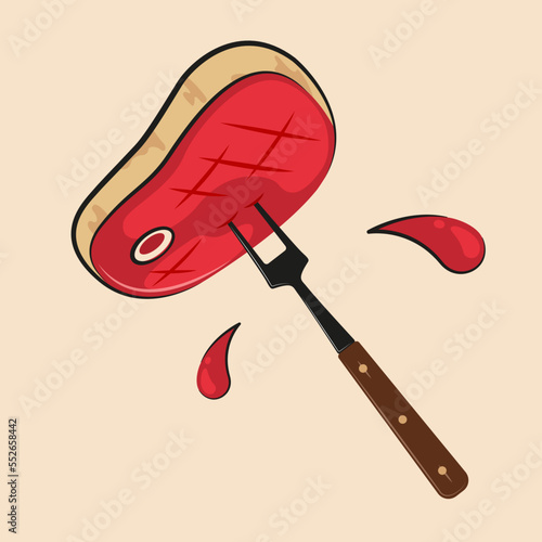 Juicy steak on a fork for grilled meat, barbecue. Logo or label template. Element for design. Vector, illustration