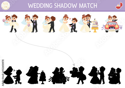 Wedding shadow matching activity with bride and groom. Marriage ceremony puzzle with cute just married couple. Find correct silhouette printable worksheet or game for kids.