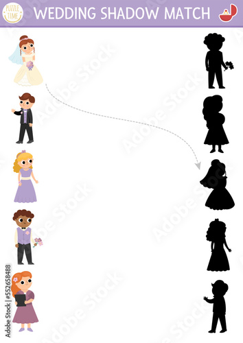 Wedding shadow matching activity with bride, groom and their guests. Marriage ceremony puzzle with cute just married couple. Find correct silhouette printable worksheet or game for kids.