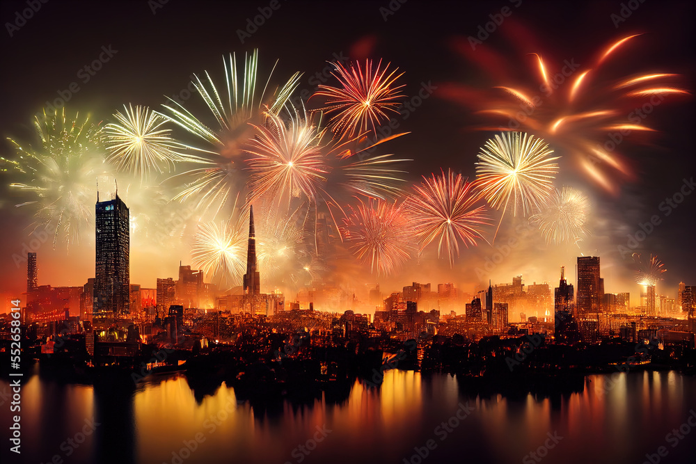 Illustration of a fictive cityscape view during silvester night with a great firework over the city. Content is created with generative ai