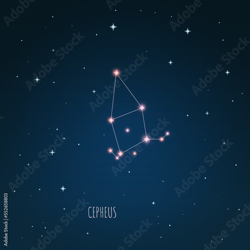 Constellation Cepheus scheme in starry sky. Open space. Vector illustration  Cepheus constellation  through a telescope.  photo