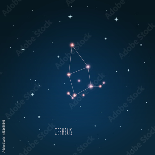 Constellation Cepheus scheme in starry sky. Open space. Vector illustration  Cepheus constellation  through a telescope. 