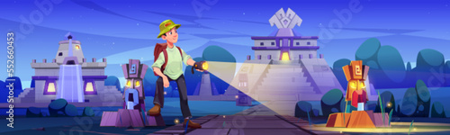 Traveler at night Aztec city with pyramids and statues. Tourist visit mayan travel landmark with stone monuments. Man with backpack and flashlight stand at Kukulkan Temple, Cartoon vector illustration