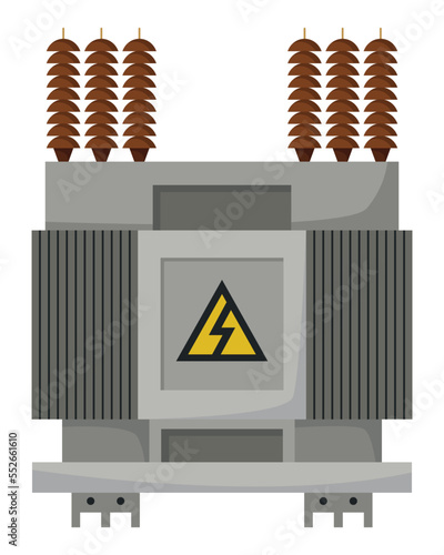 High voltage electrical transformer and isolator. Energy substation. Power supply icon isolated on white background for web design. Flat cartoon illustration