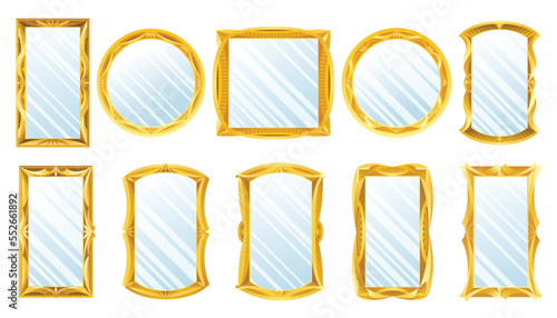 Gold mirror set. Decorative vintage wall mirrors, old fashion decor mirrored frames. Reflective mirror surface in golden frame. Fashioned square and round ornate interior objects, vector illustration