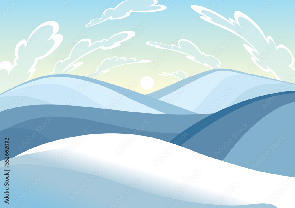 Winter landscape, mountains peaks, hills, clouds on sky background. Vector drawing of snow-covered field. Blue mountains winter snowy landscape