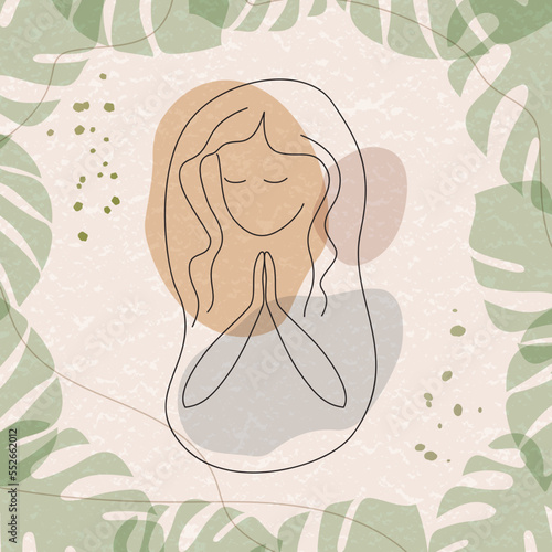 Solemnity of Mary or Solemnity of the Blessed Virgin Mary, the Mother of God greeting concept. Image of a young woman in prayer, minimalist line art style.