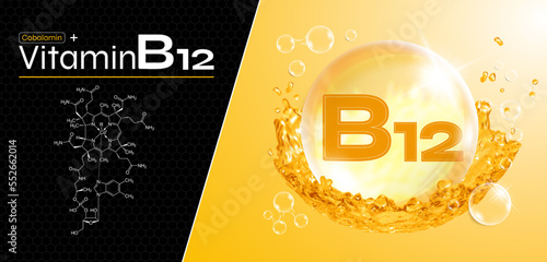 Vitamin B12 water drop. Yellow drops with water splash. Cobalamin complex with natural chemical formula. Beauty care design. Medical and scientific concept