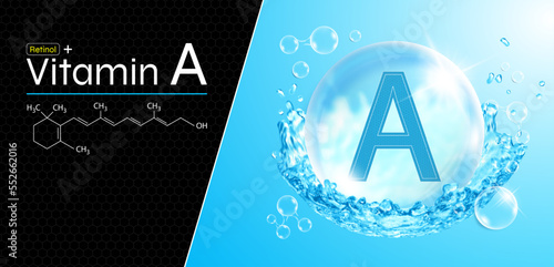 Vitamin A water drop. Blue drops with water splash. Retinol complex with natural chemical formula. Beauty care design. Medical and scientific concept