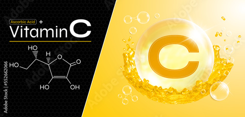 Vitamin C water drop. Yellow drops with water splash. Ascorbic acid complex with natural chemical formula. Beauty care design. Medical and scientific concept