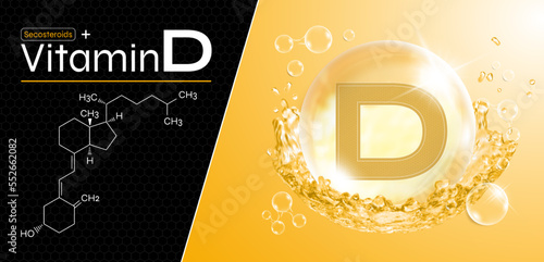 Vitamin D water drop. Yellow drops with water splash. Secosteroids complex with natural chemical formula. Beauty care design. Medical and scientific concept