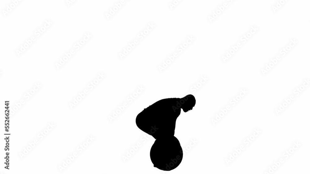 Side view of black silhouette of muscular man lifting heavy barbell with round black disks of weights. Bodybuilder pushing rod and doing exercises for shoulders, chest. White background, full length. Side view of black silhouette of muscular man lifting heavy barbell with round black disks of weights. Bodybuilder pushing rod and doing exercises for shoulders, chest. White background, full length.