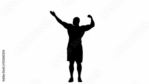 Black silhouette of a muscular man demonstrating muscle biceps in arnold pose on white isolated background. Bodybuilder poses in a stance, demonstrating strength and muscularity. Full length.