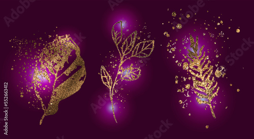 Golden glowing plant composition on background. Big hand drawn colorful gold plant set - universally usable. Botanical, chic and trendy plants. Hand drawn lines, elegant leaves for your own design.