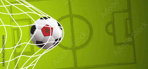 Football with the flag of Morocco on green soccer grass field. Vector background banner. Sport finale or school, sports game cup. Summer, spring time, Street ball games. wk, ek competition 2022, 2023