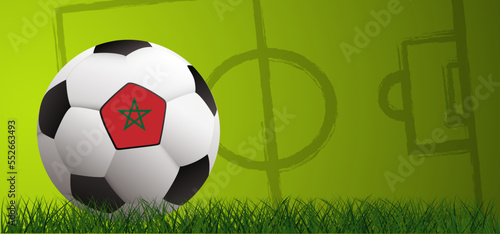 Football with the flag of Morocco on green soccer grass field. Vector background banner. Sport finale or school, sports game cup. Summer, spring time, Street ball games. wk, ek competition 2022, 2023