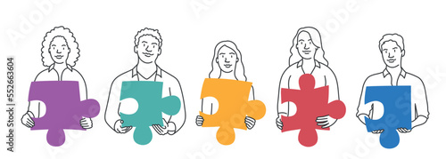 Diverse people holding different puzzle pieces illustration.